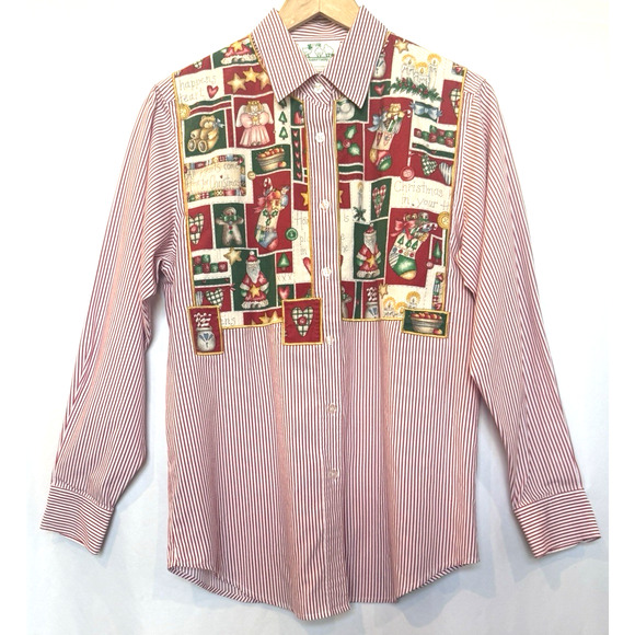Quacker Factory Womens Christmas Quilt Button Blouse Size S Striped Country - Picture 1 of 10
